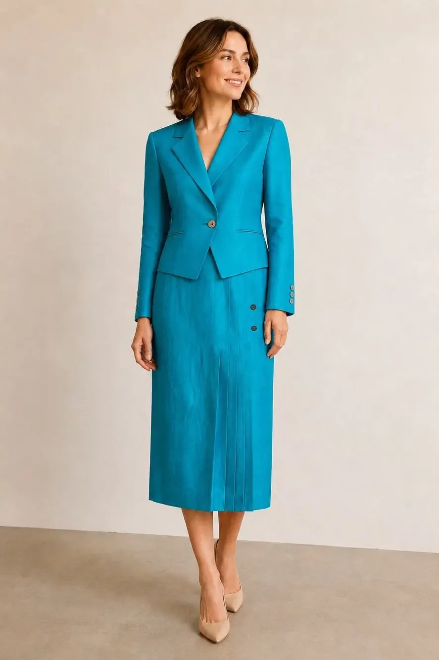 Vintage John Brooks 100% Silk Teal Two Piece Jacket Pleated Midi Skirt Set Sz10